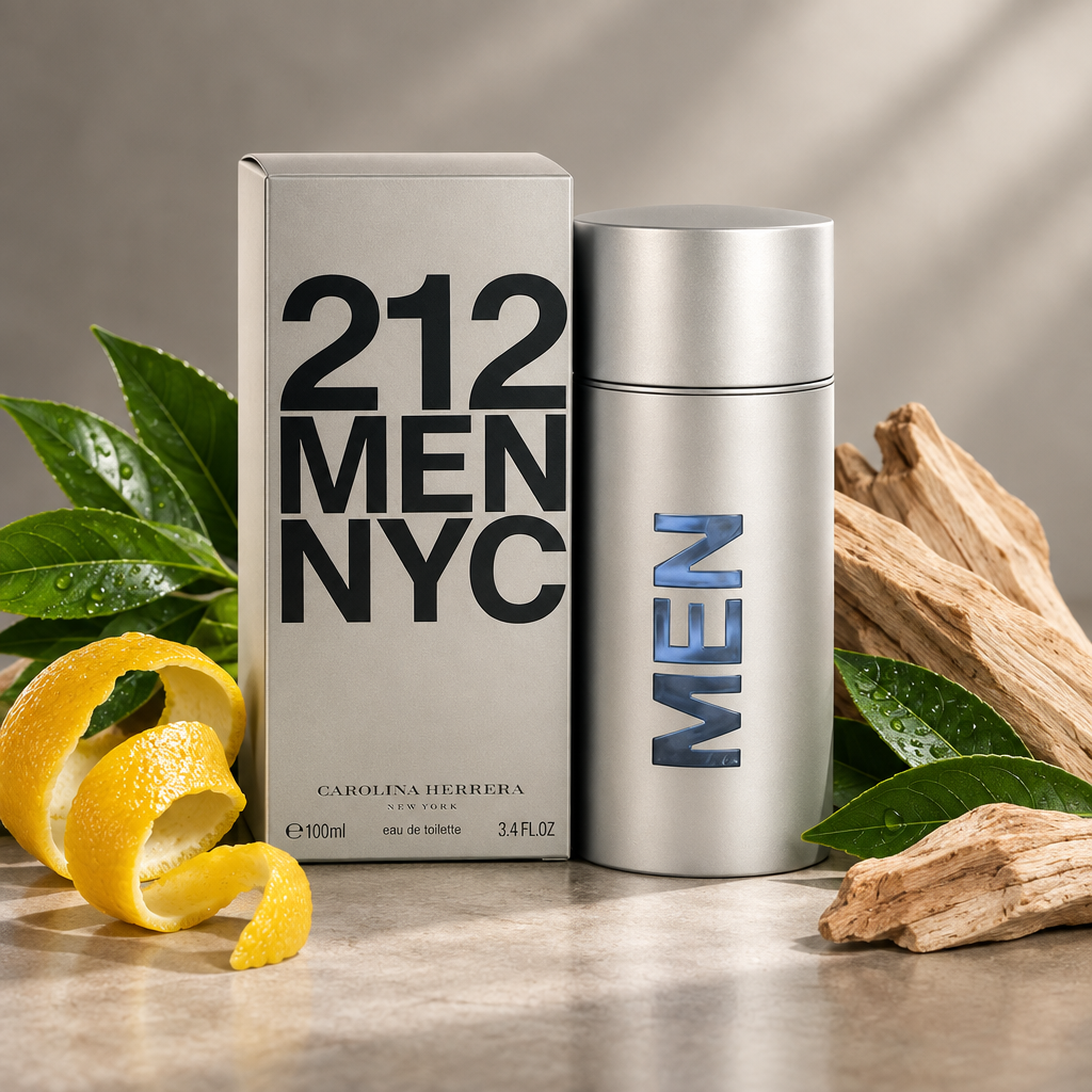 212 Men NYC perfume bottle with botanical props