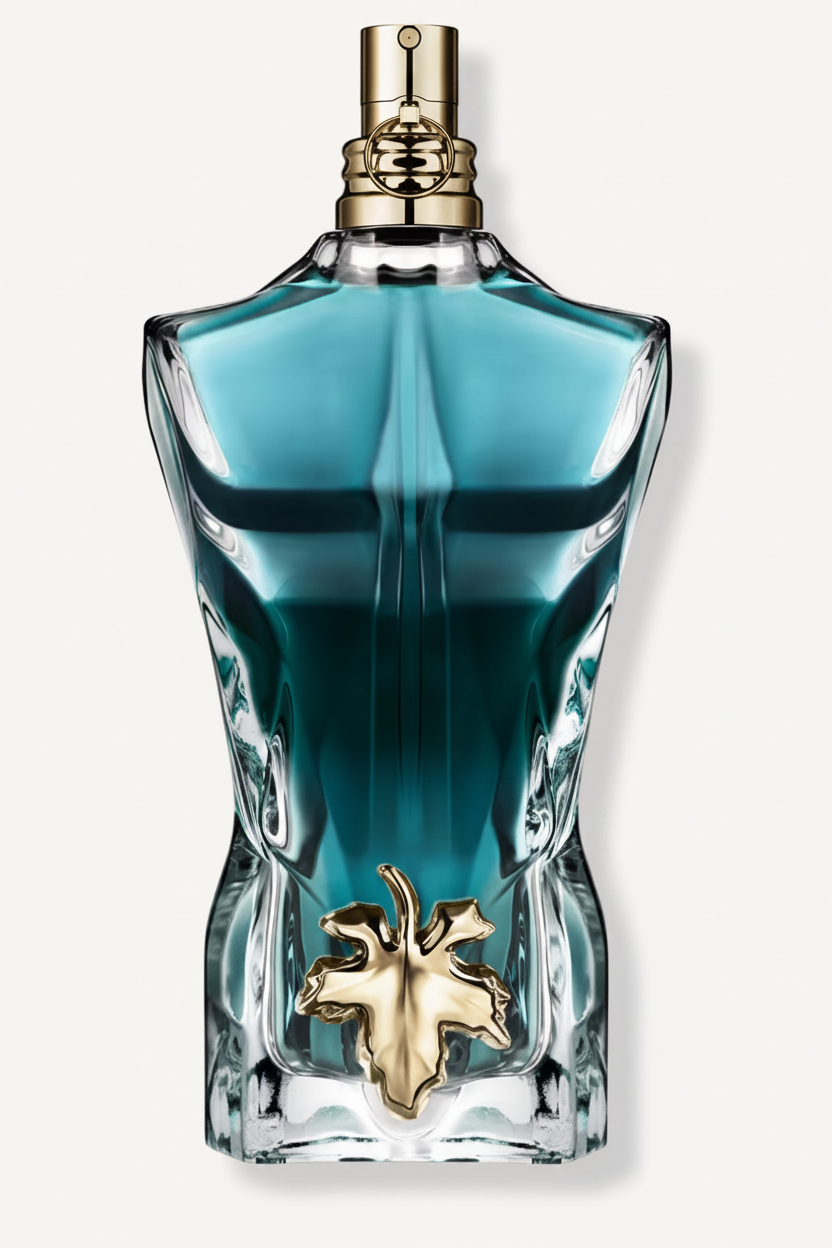 Jean Paul Gaultier Le Beau Eau de Toilette teal torso bottle with gold leaf ornament