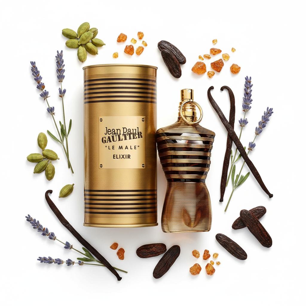 Jean Paul Gaultier Le Male Elixir - Bottle with Ingredients