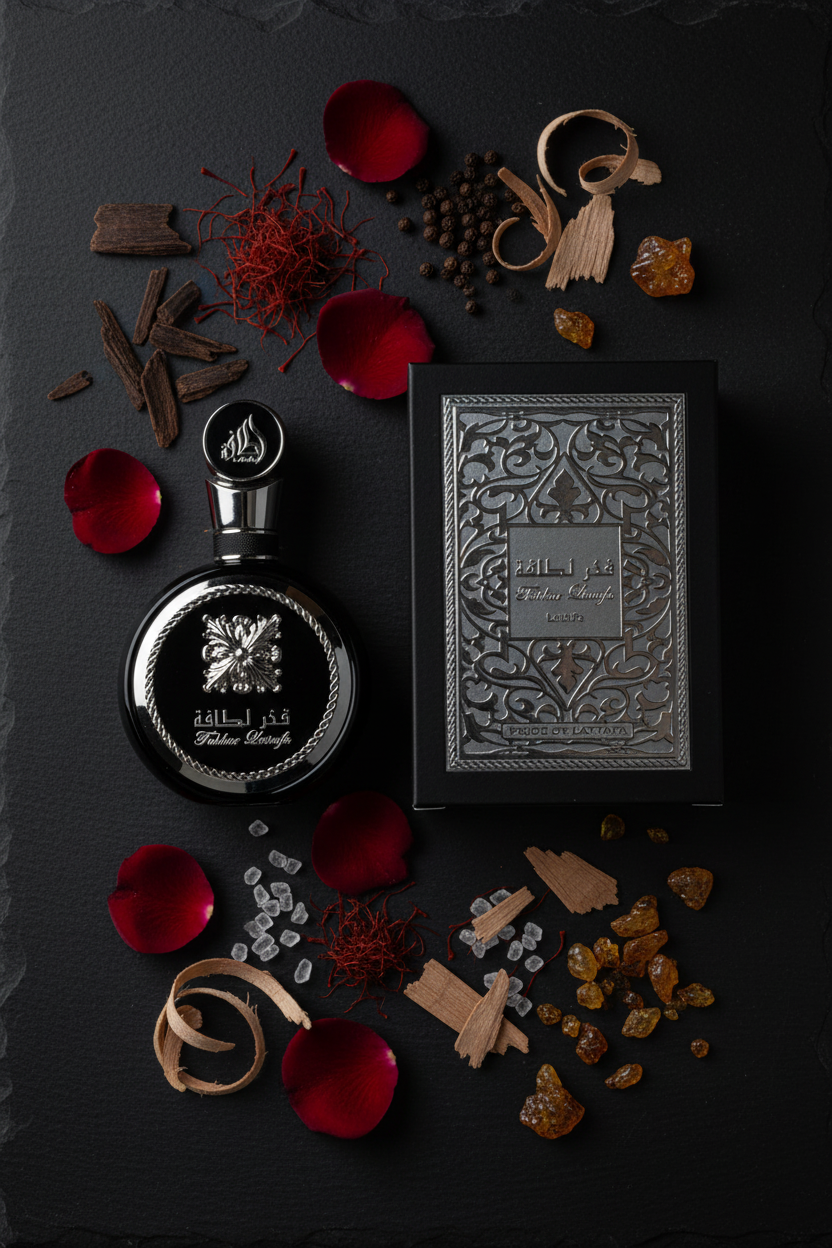 Lattafa Fakhar bottle with fragrance ingredients flat lay