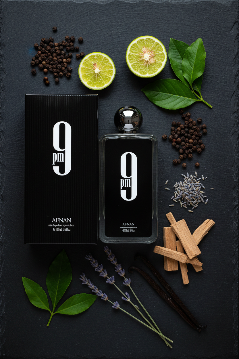 Afnan 9PM bottle with fragrance ingredients flat lay