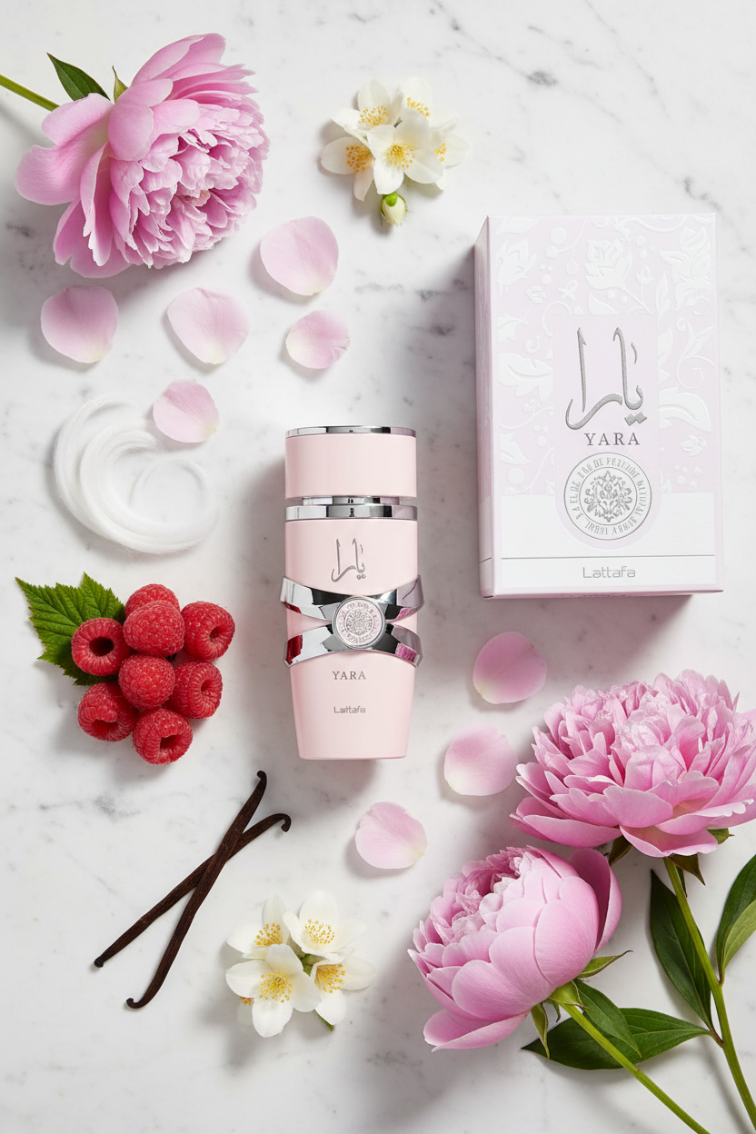 Lattafa Yara bottle with fragrance ingredients flat lay