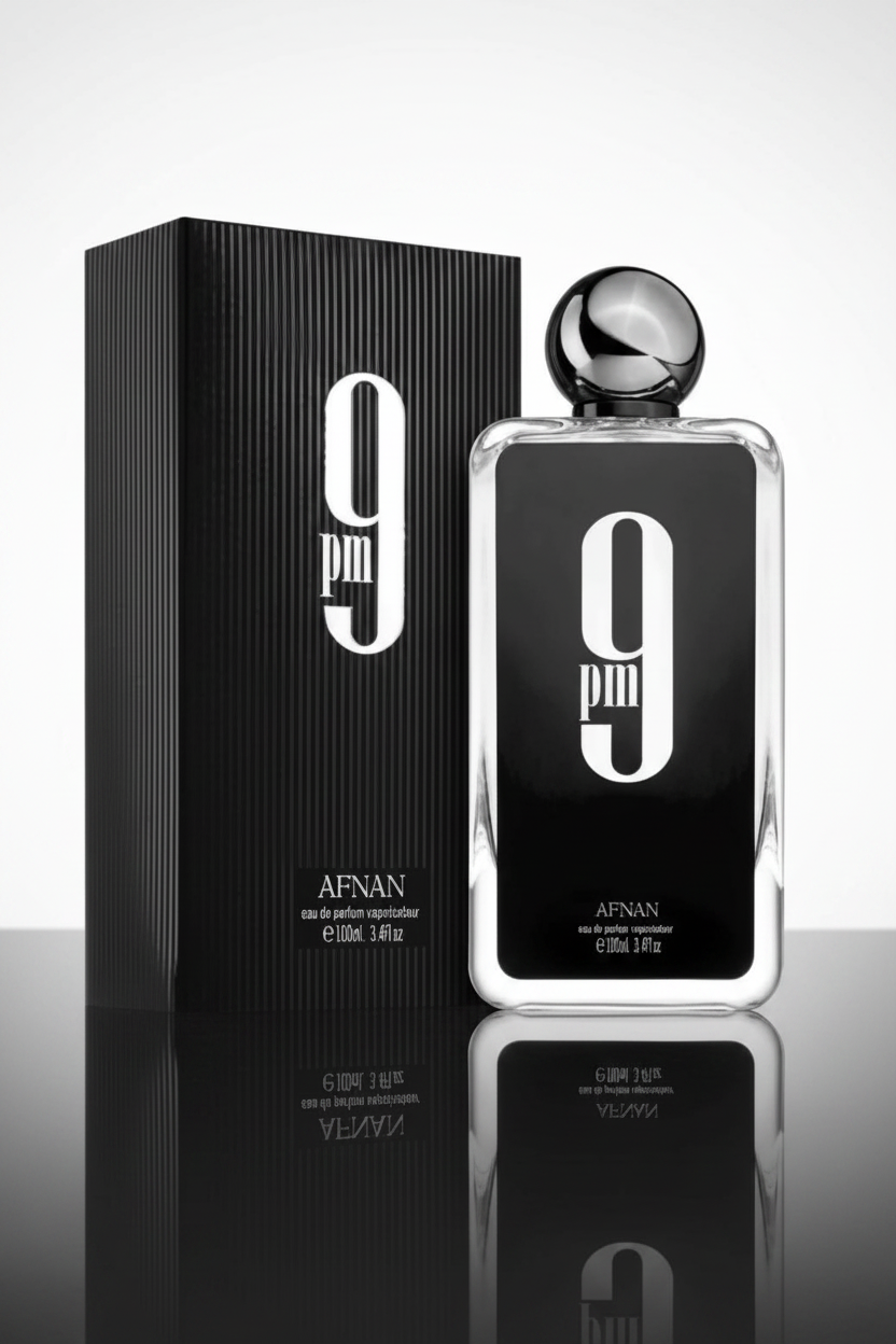 Afnan 9PM bottle with black ribbed box