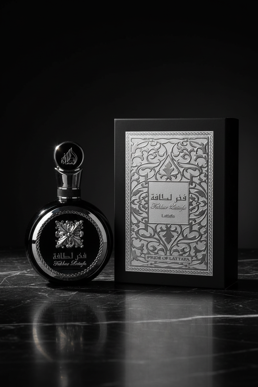 Lattafa Fakhar bottle with ornate black and silver box