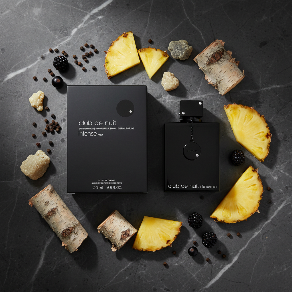 Club de Nuit Intense Man – ingredients flat lay
