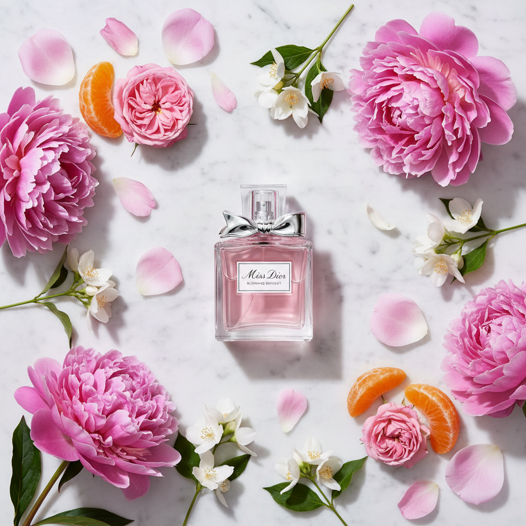 Miss Dior Blooming Bouquet – ingredients flat lay