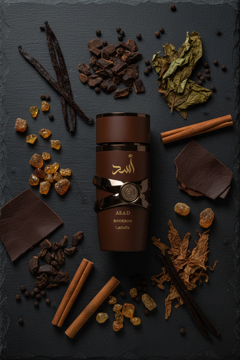 Lattafa Asad Bourbon bottle with fragrance ingredients flat lay
