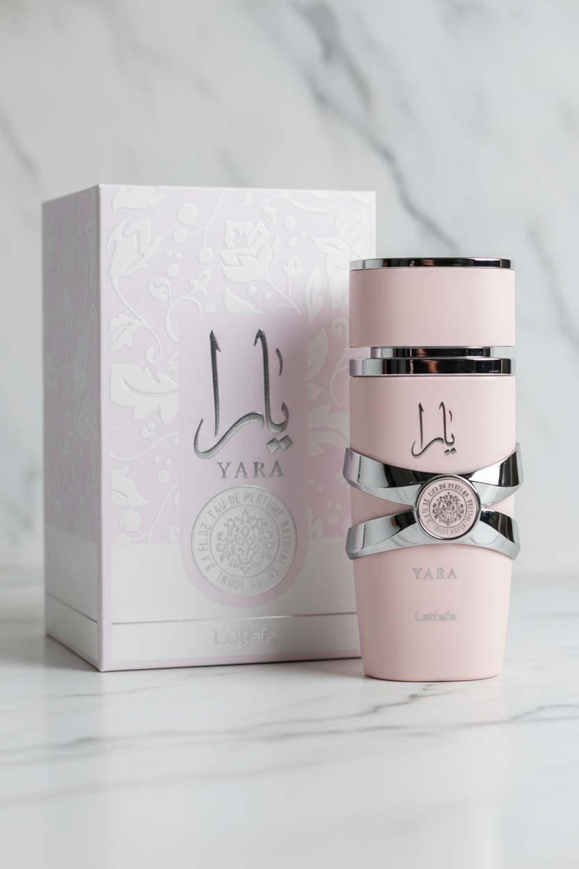 Lattafa Yara bottle with white embossed box
