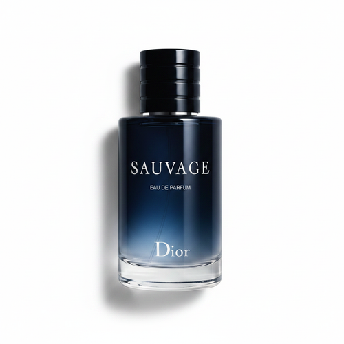 Dior Sauvage Eau de Parfum bottle – deep navy blue gradient glass with black cap on white background