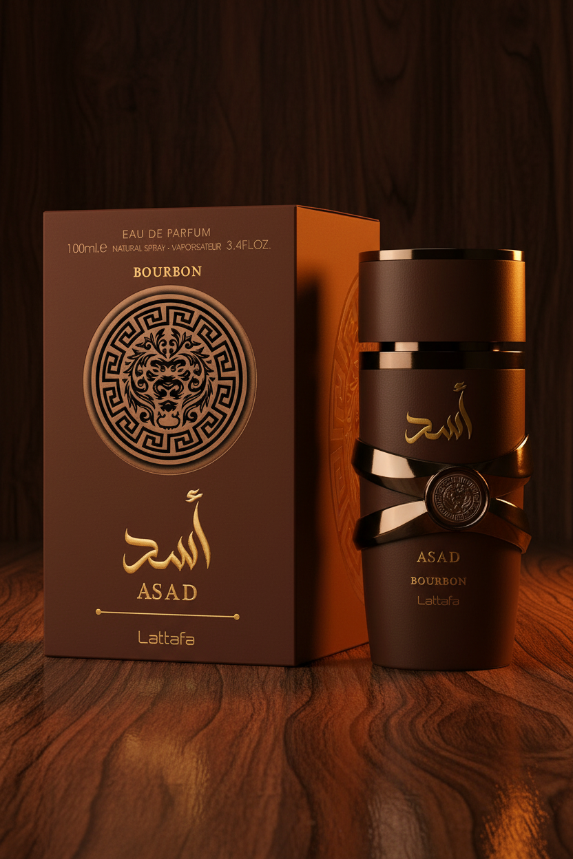 Lattafa Asad Bourbon bottle with brown luxury box